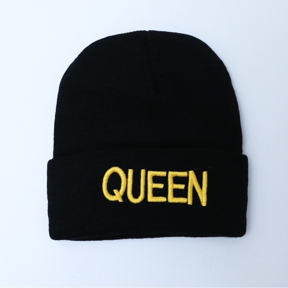 Queen black embroidered beanie knit hat streetwear indie yellow text warm winter